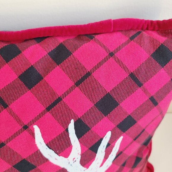 Holiday Throw Pillow Buffalo Plaid With Antler Greenery Christmas Design - Picture 5 of 12
